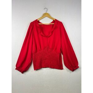 Liberty Love Red Smocked Waist Ruffle V Neck Long Sleeve Blouse Plus Size 3XL